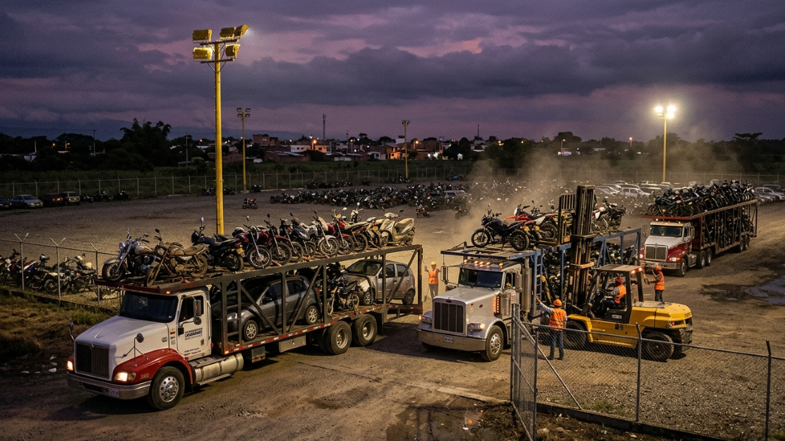 Traslado de motocicletas en patio de tránsito en Aguazul Casanare durante investigación por desaparición de vehículos