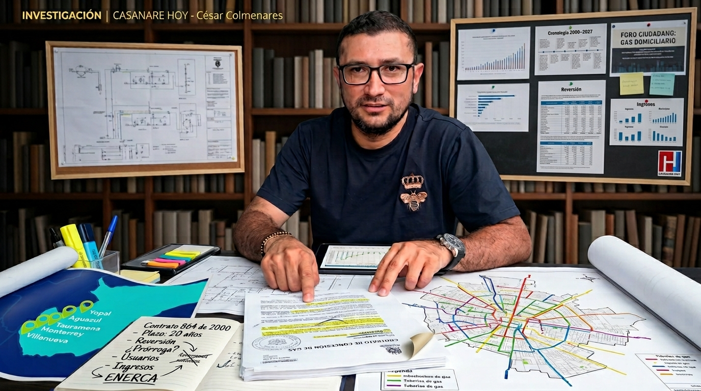El abogado Alexis Bohórquez revisa el Contrato de Concesión 864 de 2000 durante una investigación periodística sobre la operación del servicio de gas natural en Casanare, la reversión de la infraestructura y el futuro de Enerca.