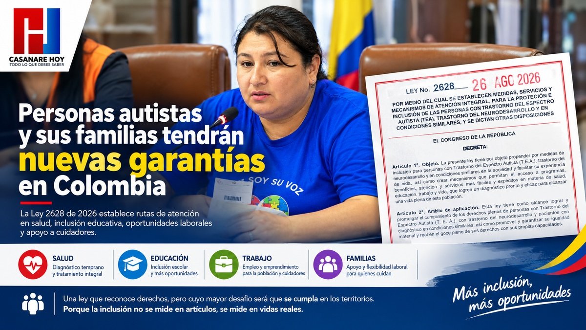 Andrea Salcedo, representante de TEA Casanare, junto a la Ley 2628 de 2026 sobre garantías para personas autistas y sus familias.
