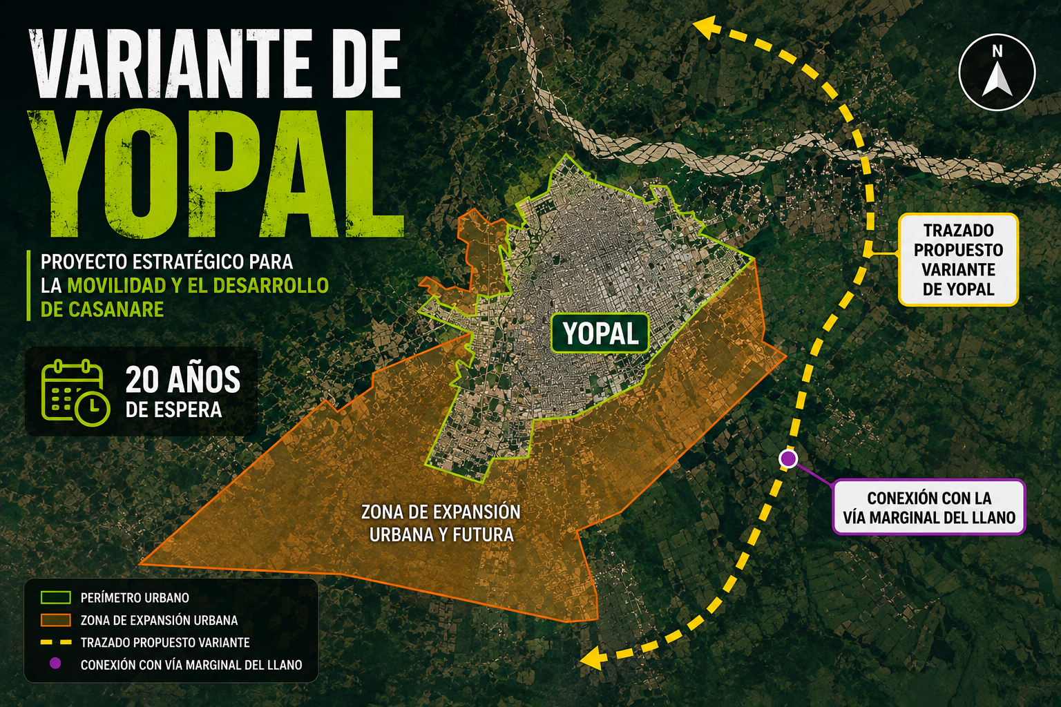 Mapa del trazado propuesto para la Variante de Yopal, obra que sigue sin fecha de construcción.