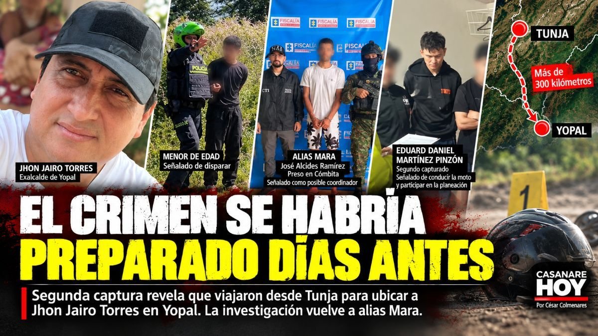 Jhon Jairo Torres junto a imágenes de los investigados por su asesinato, incluido el segundo capturado y alias Mara.