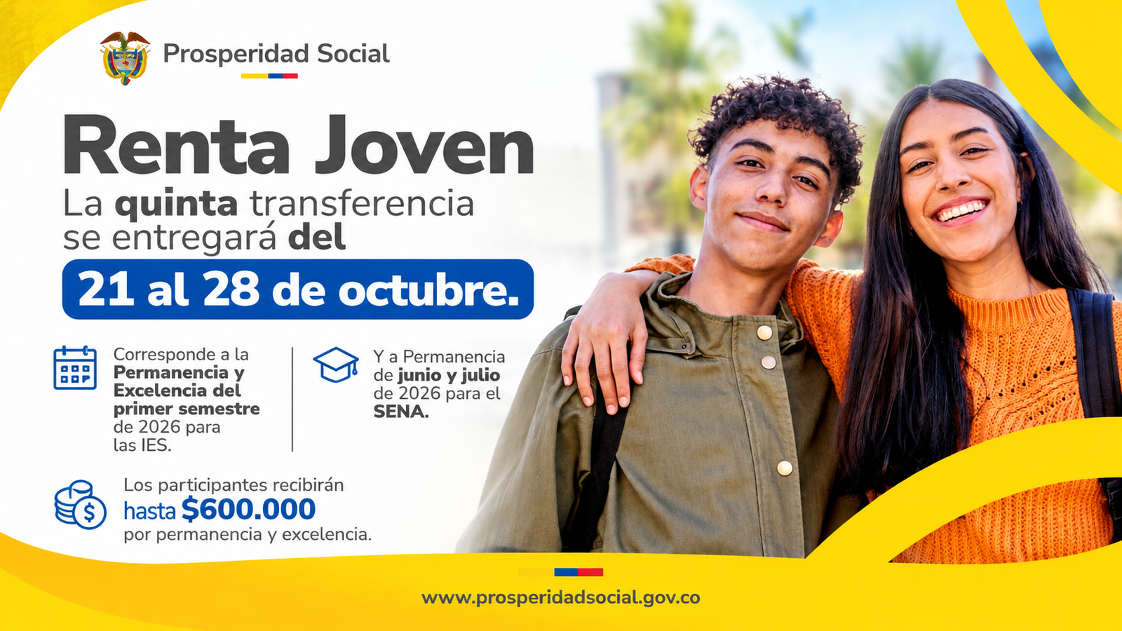 Prosperidad Social anuncia quinta transferencia de Renta Joven del 21 al 28 de octubre de 2026.